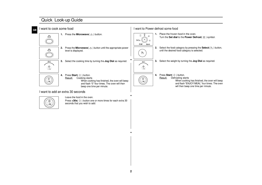 Samsung CE1151T-S/ELE, CE1151T/LIB, CE1151T/ELE Quick Look-up Guide, Want to cook some food Want to Power defrost some food 