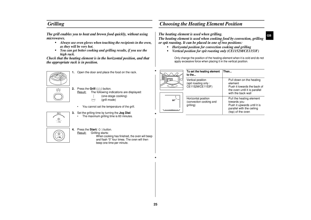 Samsung CE1151T/ELE, CE1151T/LIB, CE1151T-S/ELE, CE1151T-S/XEH manual Grilling Choosing the Heating Element Position 
