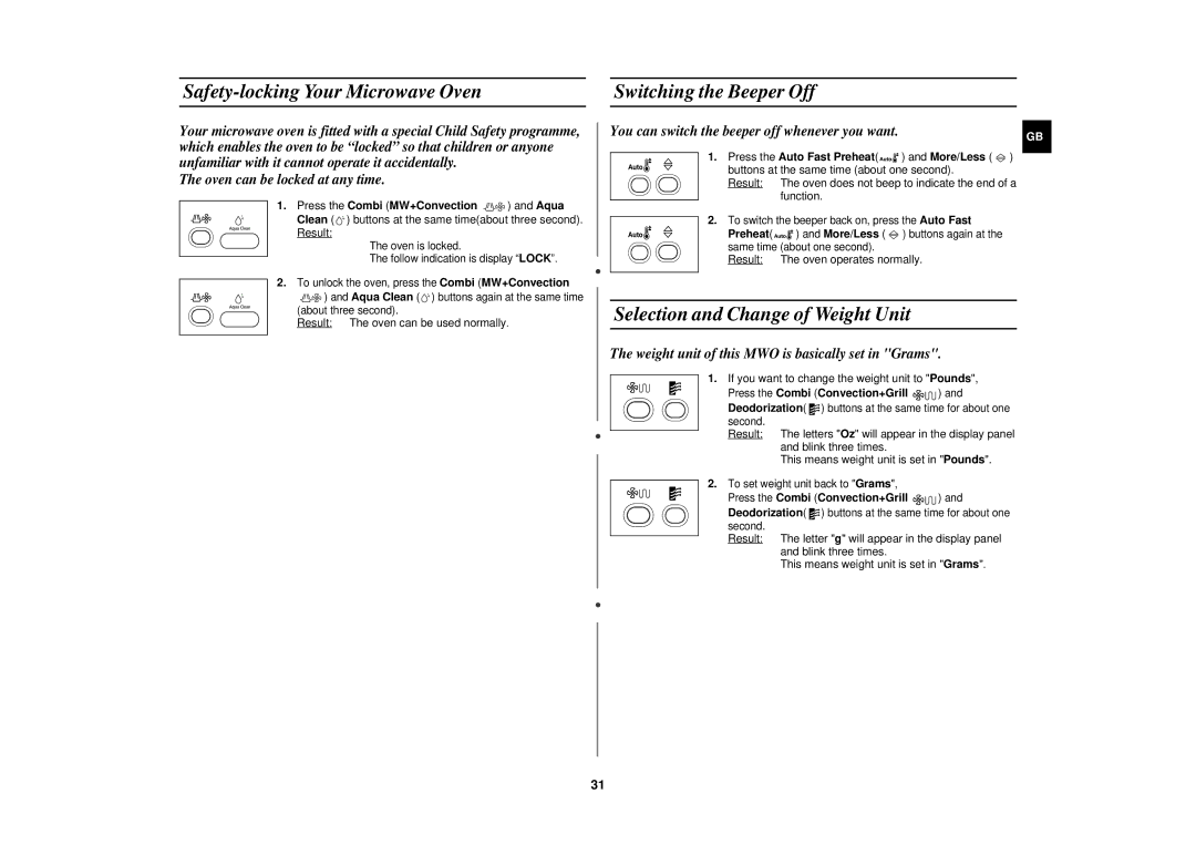 Samsung CE1151T-S/XEH Safety-locking Your Microwave Oven Switching the Beeper Off, Selection and Change of Weight Unit 