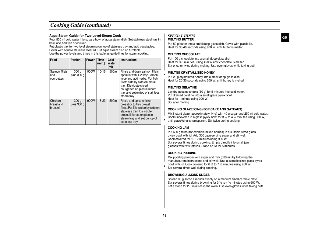 Samsung CE1151T-S/XEH, CE1151T/LIB, CE1151T/ELE, CE1151T-S/ELE manual Special Hints, Aqua Steam Guide for Two-Level-Steam Cook 