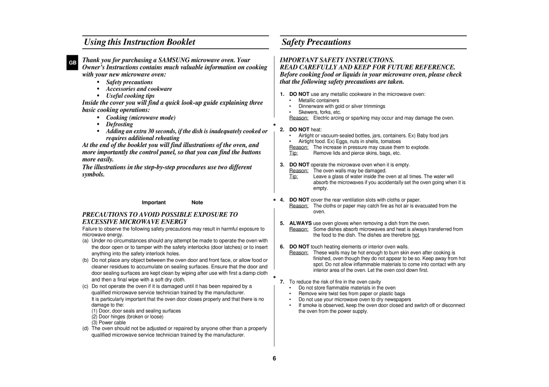 Samsung CE1151T-S/ELE Using this Instruction Booklet Safety Precautions, Important Safety Instructions, ImportantNote 