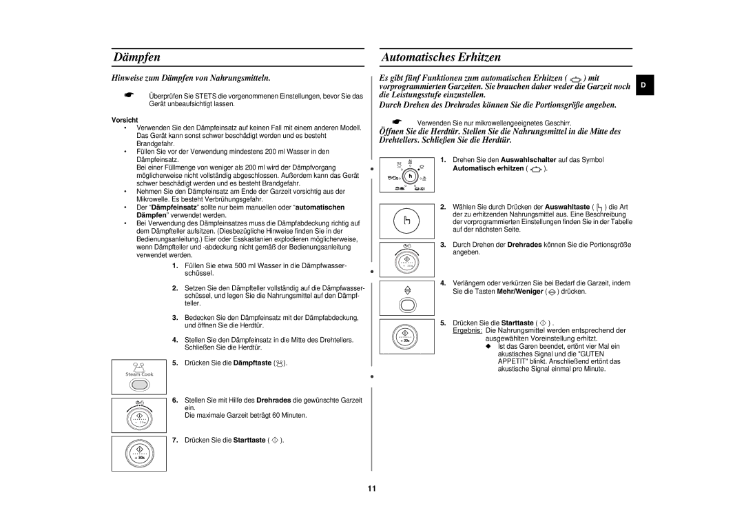 Samsung CE1153F-S/XEG manual Automatisches Erhitzen, Hinweise zum Dämpfen von Nahrungsmitteln, Automatisch erhitzen 