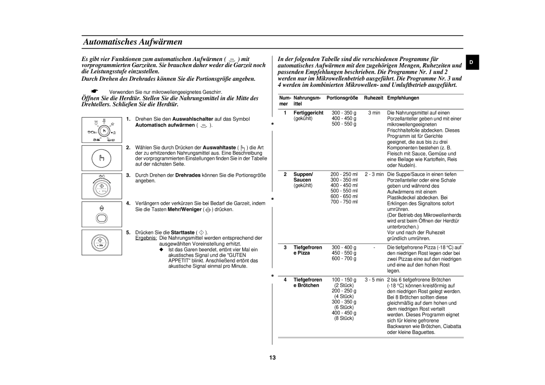 Samsung CE1153F-S/XEG manual Automatisches Aufwärmen, Drehen Sie den Auswahlschalter auf das Symbol, Automatisch aufwärmen 