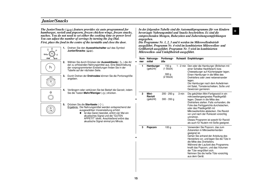 Samsung CE1153F-S/XEG, CE1153F/XEG manual Junior/Snacks 