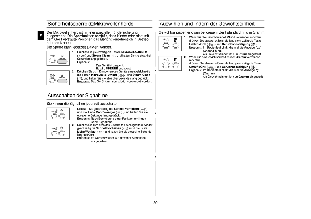 Samsung CE1153F/XEG, CE1153F-S/XEG manual Sicherheitssperre des Mikrowellenherds, Ausschalten der Signaltöne 