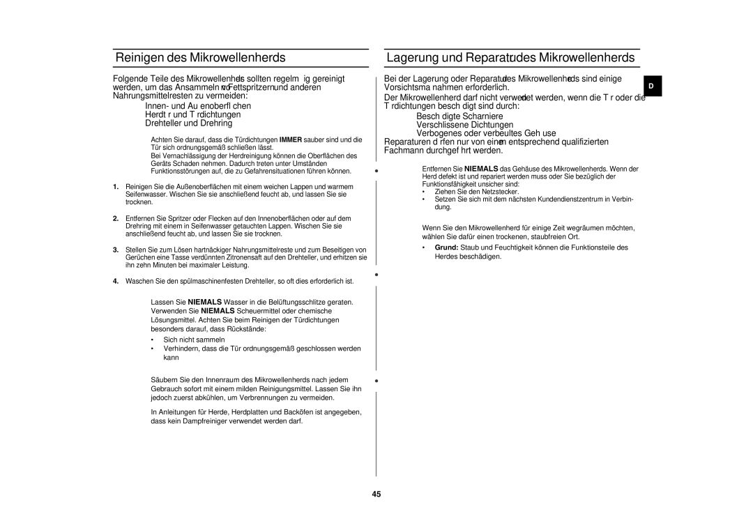 Samsung CE1153F-S/XEG, CE1153F/XEG manual Reinigen des Mikrowellenherds, Lagerung und Reparatur des Mikrowellenherds 