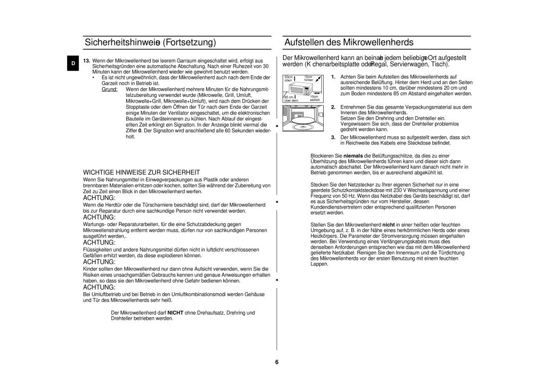 Samsung CE1153F/XEG Sicherheitshinweise Fortsetzung, Aufstellen des Mikrowellenherds, Wichtige Hinweise ZUR Sicherheit 
