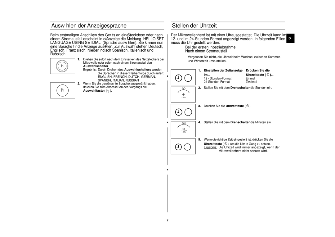 Samsung CE1153F-S/XEG, CE1153F/XEG manual Auswählen der Anzeigesprache, Stellen der Uhrzeit, Auswahltaste 