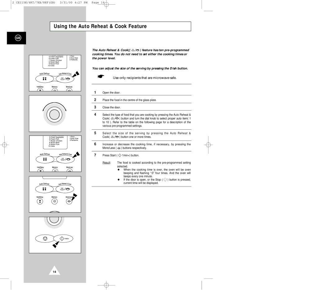 Samsung CE118KF, CE115K, CE119KFS, CE117KB, CE116KT manual Using the Auto Reheat & Cook Feature, Power level 