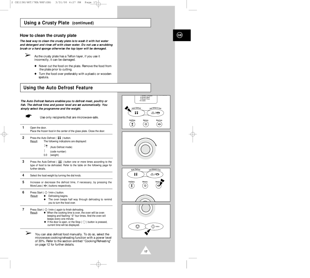 Samsung CE117KB, CE115K, CE119KFS, CE116KT, CE118KF manual Using the Auto Defrost Feature, How to clean the crusty plate 