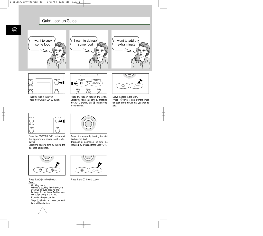 Samsung CE117KB, CE115K manual Quick Look-up Guide, Auto Defrost, Or more times Add Press the Power Level button until 