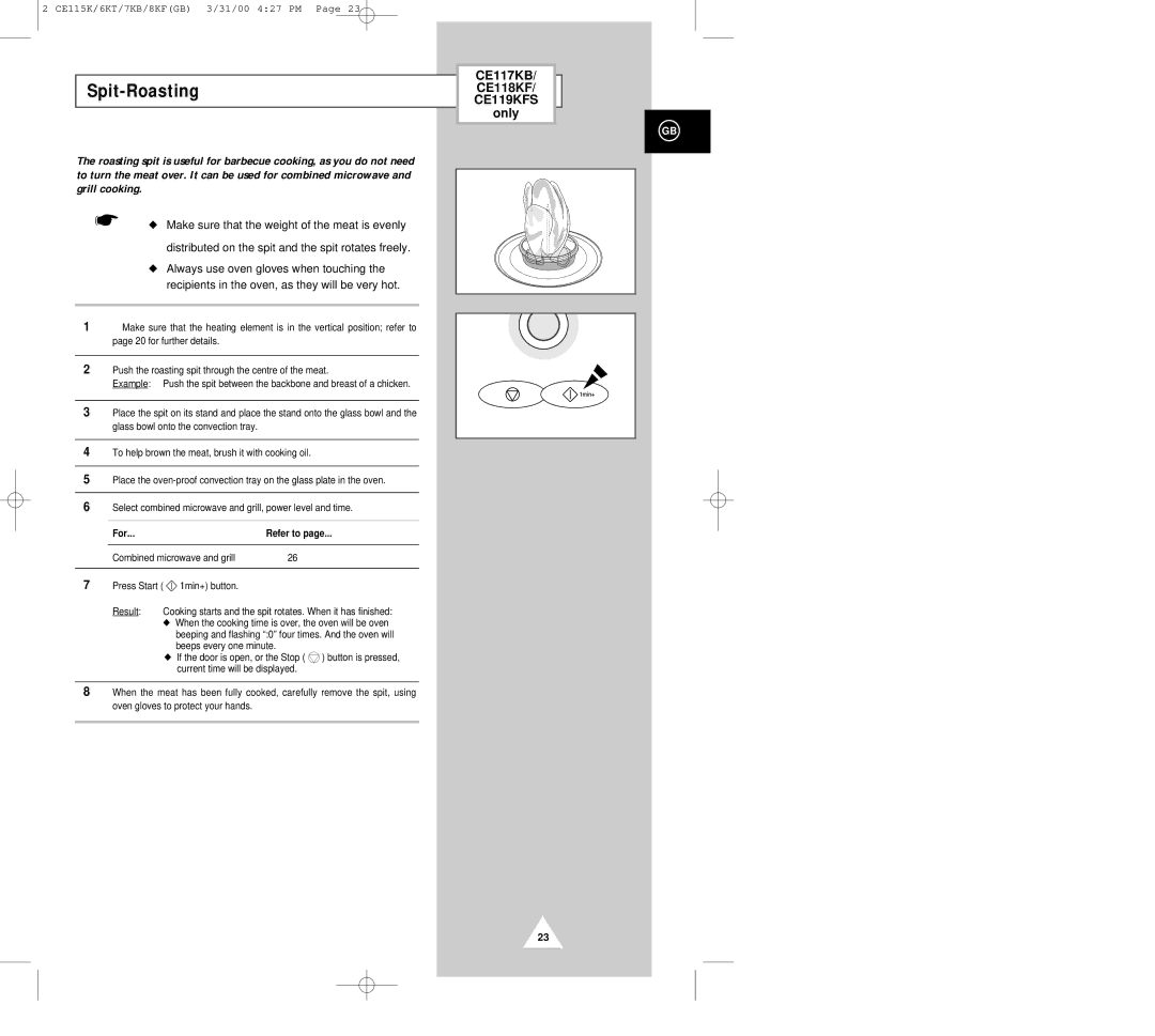Samsung CE116KT, CE115K, CE119KFS, CE117KB, CE118KF manual Spit-Roasting, For 