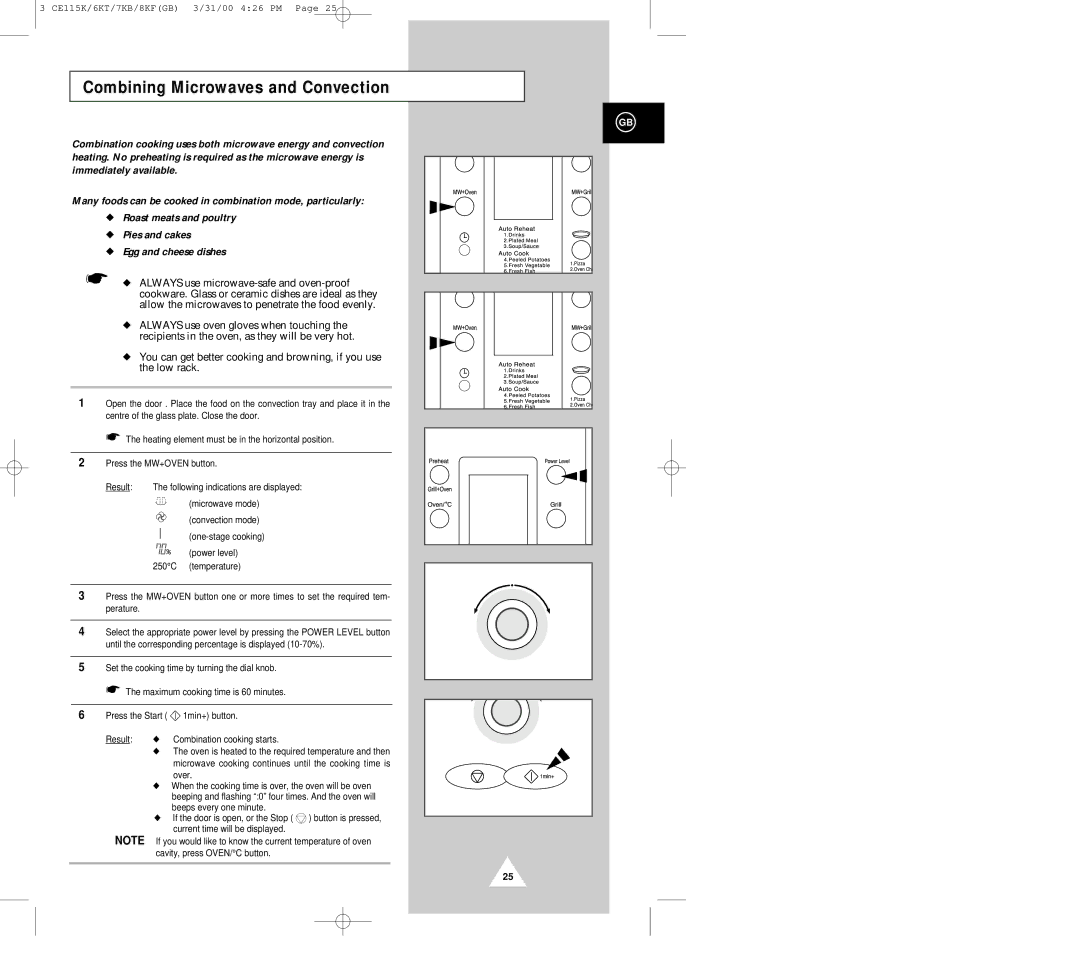 Samsung CE115K, CE119KFS, CE117KB, CE116KT, CE118KF manual Combining Microwaves and Convection, Over, Beeps every one minute 