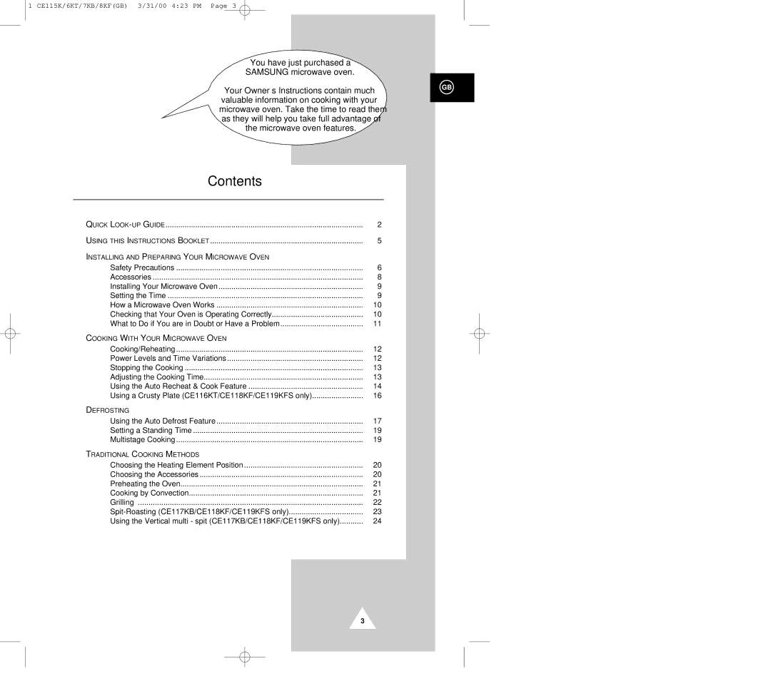 Samsung CE116KT, CE115K, CE119KFS, CE117KB, CE118KF manual Contents 