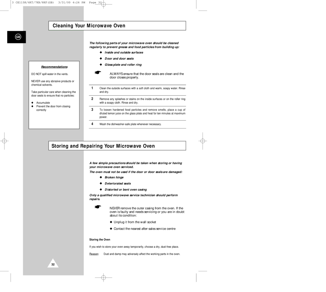 Samsung CE117KB, CE115K, CE119KFS Cleaning Your Microwave Oven, Storing and Repairing Your Microwave Oven, Storing the Oven 