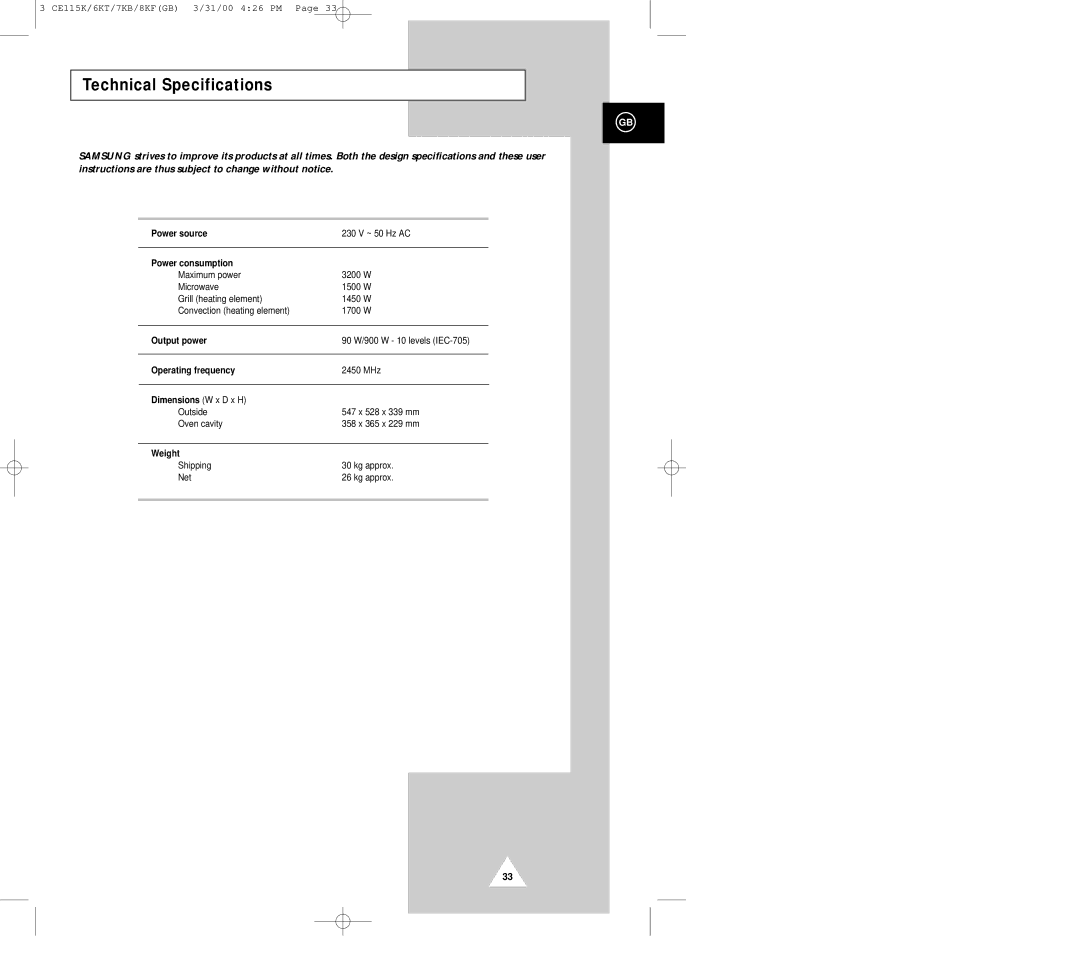 Samsung CE116KT, CE115K, CE119KFS, CE117KB, CE118KF manual Technical Specifications 