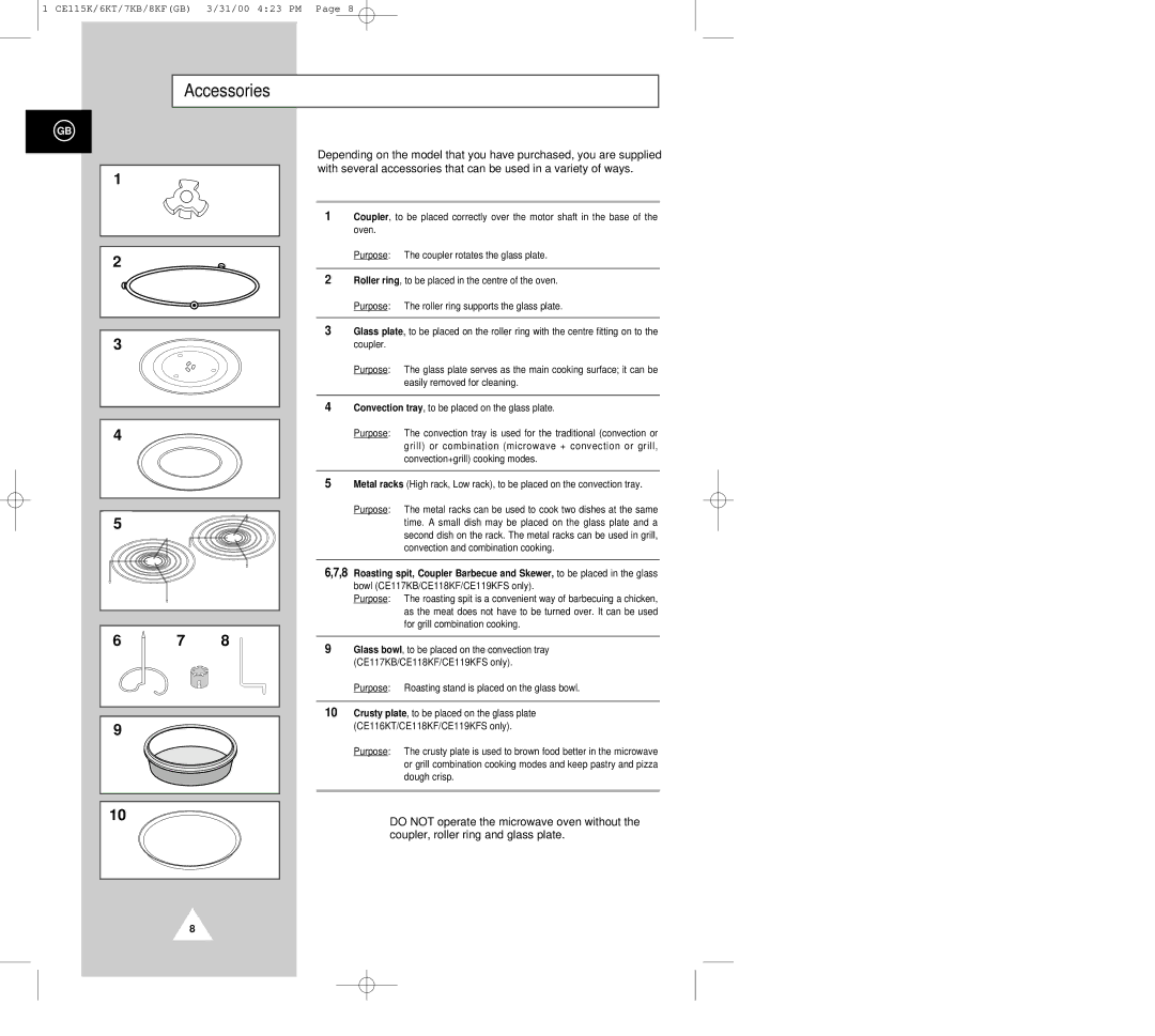 Samsung CE116KT, CE115K, CE119KFS, CE117KB, CE118KF manual Accessories, Purpose Roasting stand is placed on the glass bowl 