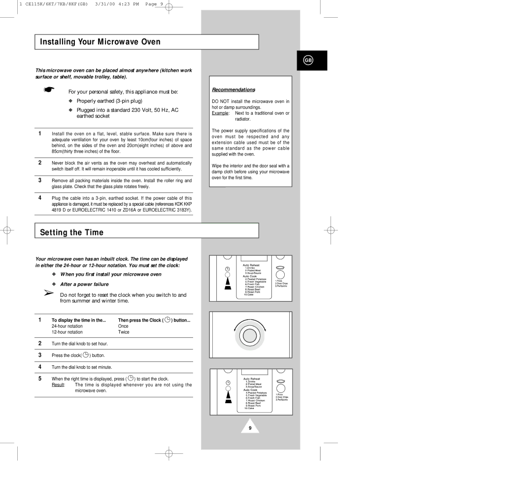 Samsung CE118KF, CE115K, CE119KFS Installing Your Microwave Oven, Setting the Time, Recommendations, To display the time 