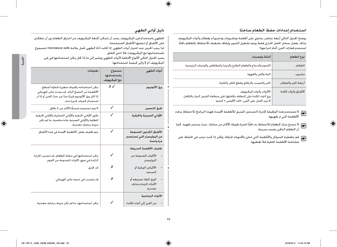 Samsung CE115P-X/ZAM manual يهطلا يناوأ ليلد, اًنخاس ماعطلا ظفح تادادعإ مادختسا, اهيهط تم يتلا ةمعطلأا 