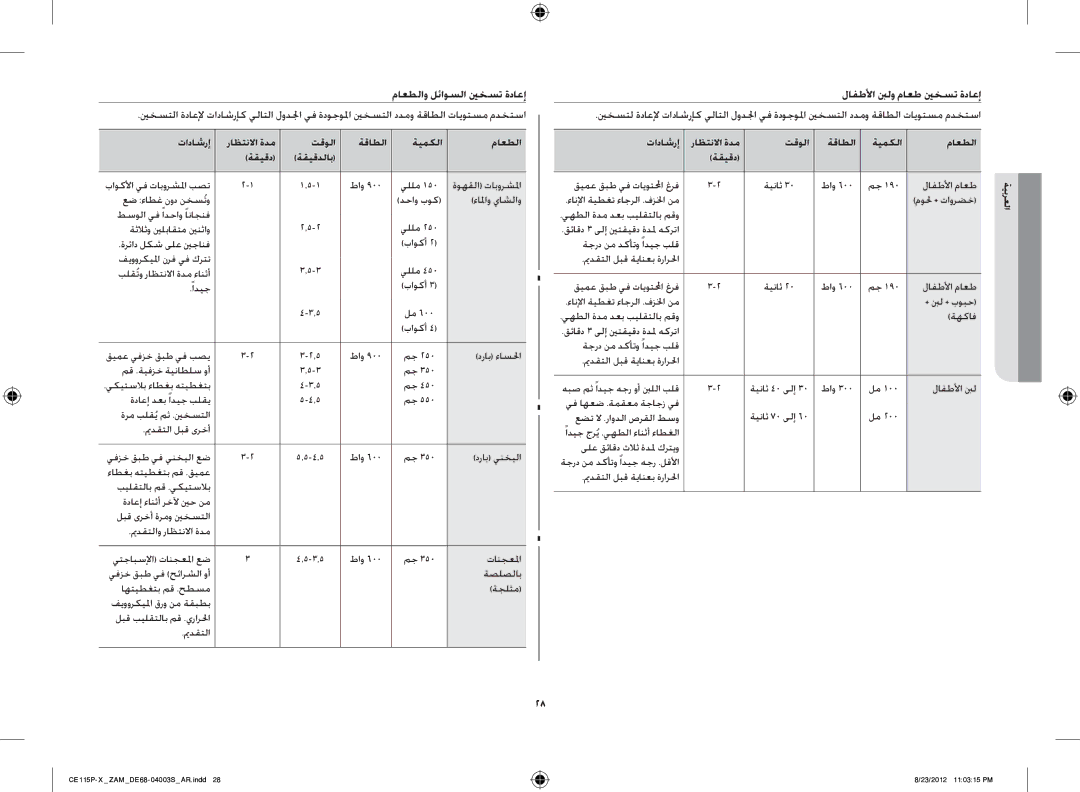 Samsung CE115P-X/ZAM manual ماعطلاو لئاوسلا ينخست ةداعإ, لافطلأا بنلو ماعط ينخست ةداعإ 