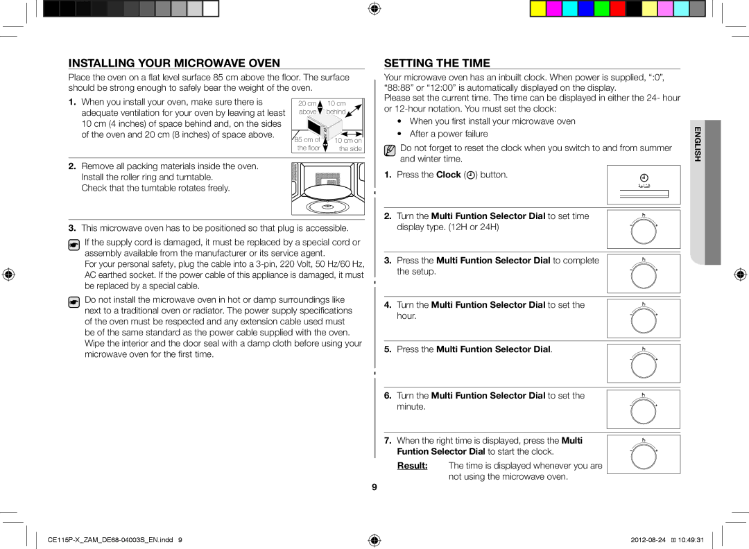 Samsung CE115P-X/ZAM manual Installing Your Microwave Oven, Setting the Time 