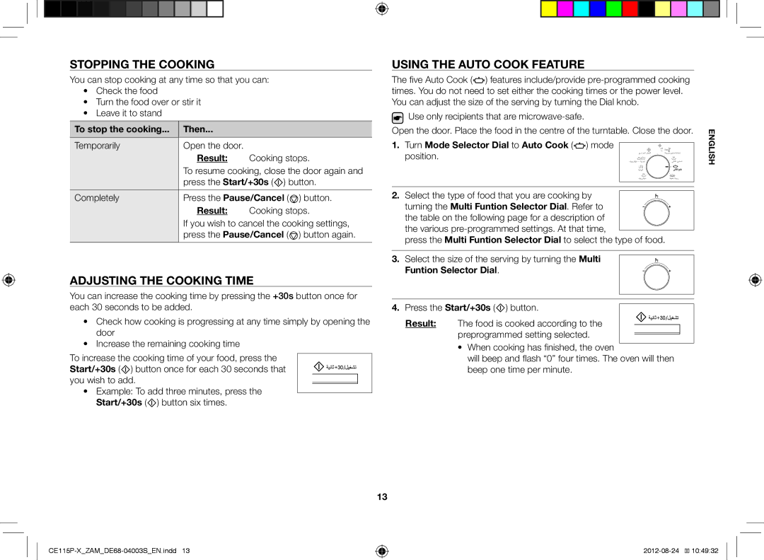 Samsung CE115P-X/ZAM manual Stopping the Cooking, Adjusting the Cooking Time, Using the Auto Cook Feature 