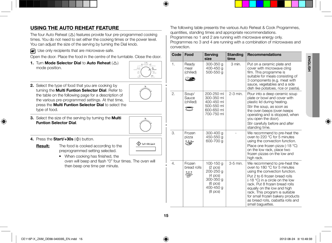 Samsung CE115P-X/ZAM manual Using the Auto Reheat Feature, Turn Mode Selector Dial to Auto Reheat mode position 