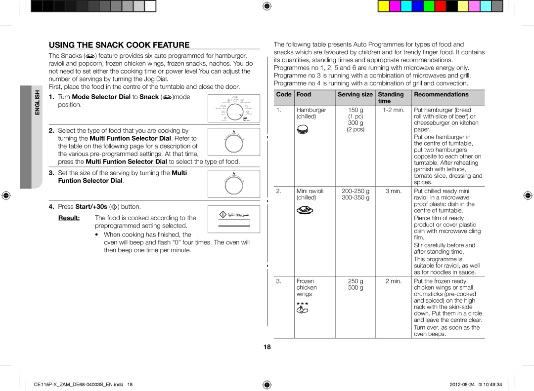 Samsung CE115P-X/ZAM manual Using the Snack Cook Feature, Turn Mode Selector Dial to Snack mode position, Code Food 