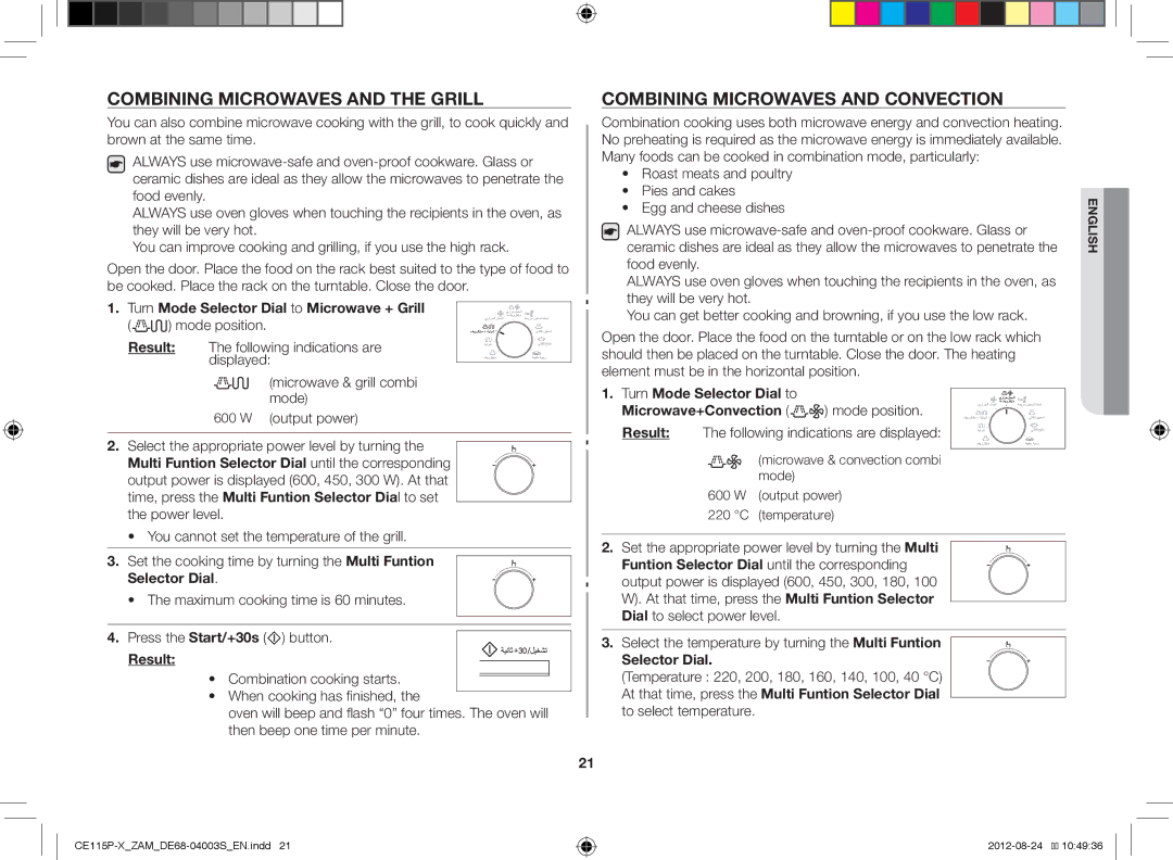 Samsung CE115P-X/ZAM manual Combining Microwaves and the Grill, Combining Microwaves and Convection 