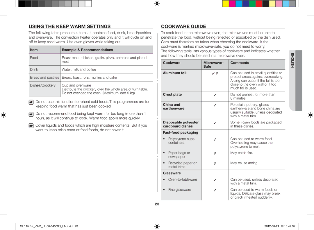 Samsung CE115P-X/ZAM manual Using the Keep Warm Settings, Cookware Guide 