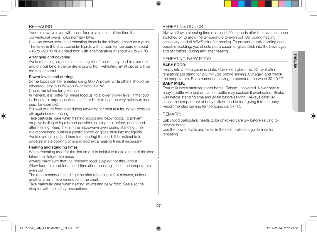 Samsung CE115P-X/ZAM manual Reheating 