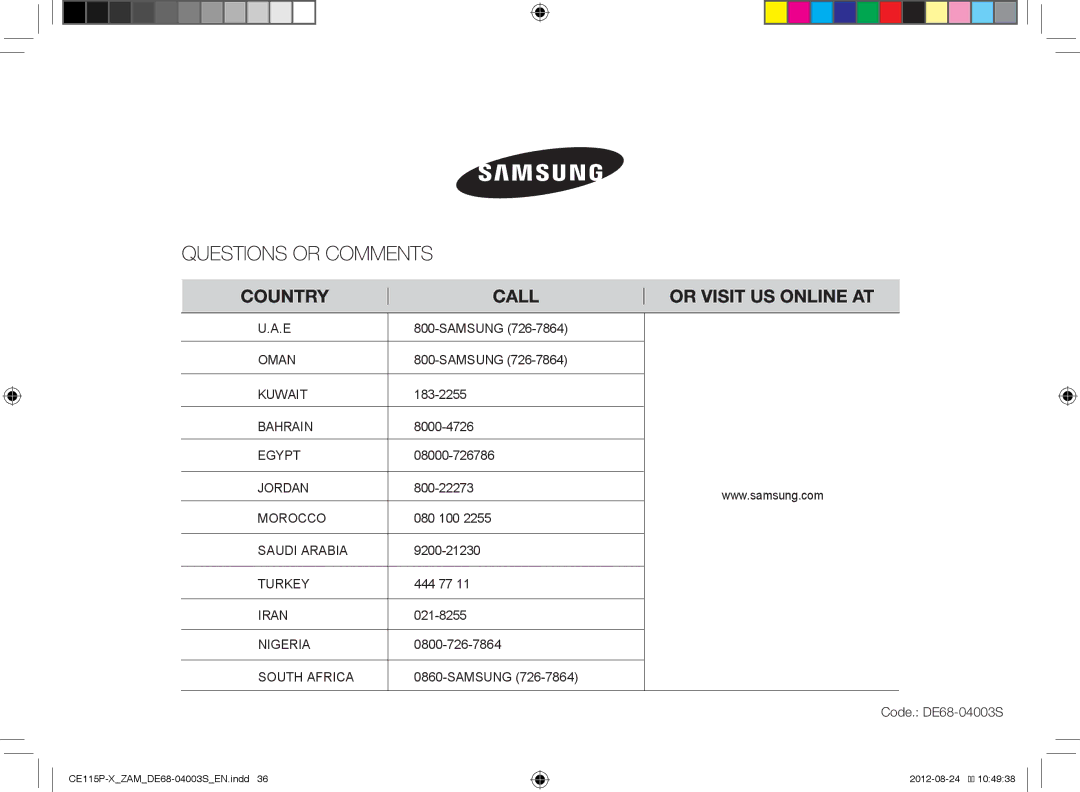 Samsung CE115P-X/ZAM manual Code. DE68-04003S 