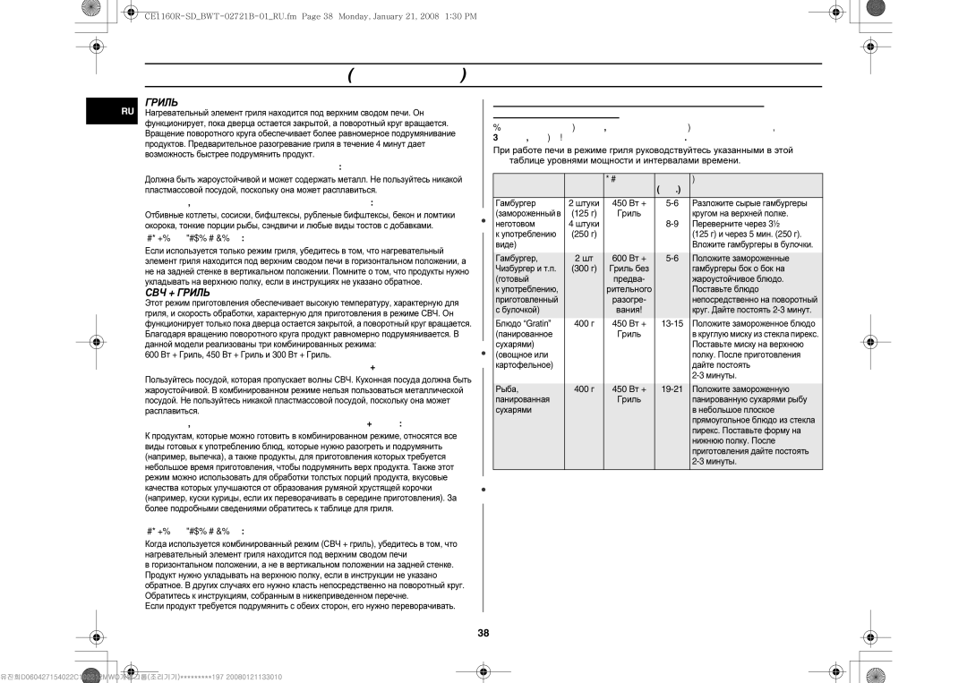 Samsung CE1160R-SD/BWT, CE1160R/BWT, CE1160R-D/BWT, CE1160R/SBW, CE1160R-U/BWT manual СВЧ + Гриль, Важное Замечание 
