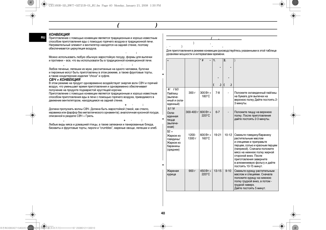 Samsung CE1160R/BWT, CE1160R-D/BWT, CE1160R/SBW, CE1160R-SD/BWT, CE1160R-U/BWT manual СВЧ + Конвекция, Пай/Киш, Пицца, Мясо 