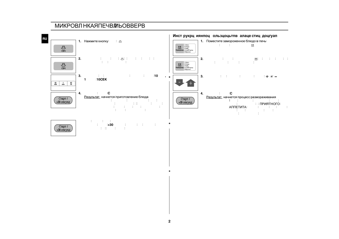 Samsung CE1160R-D/BWT manual Краткое Наглядное руководство, Нажмите кнопку СВЧ, Результат начнется приготовление блюда 