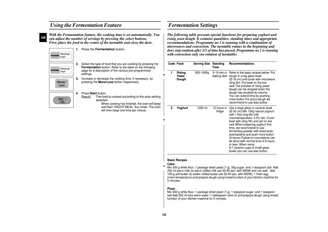 Samsung CE1160/XEU manual Using the Fermentation Feature Fermentation Settings, Press the Fermentation button 