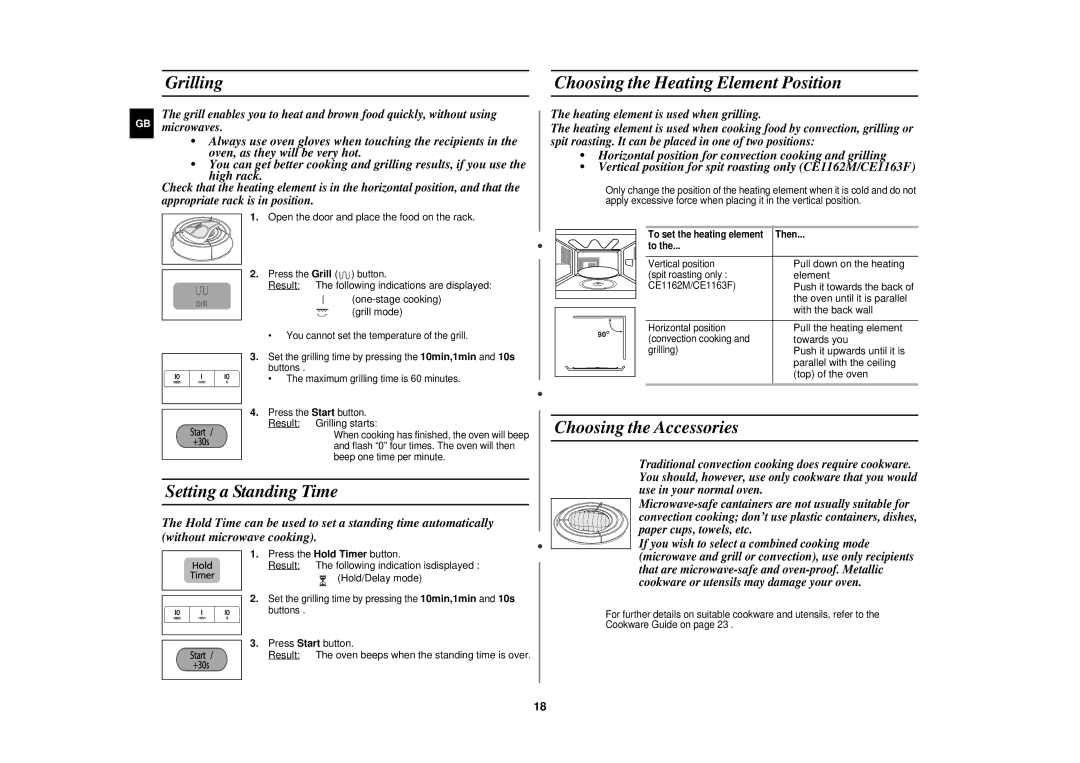 Samsung CE1160/XEU manual Grilling Choosing the Heating Element Position, Setting a Standing Time, Choosing the Accessories 