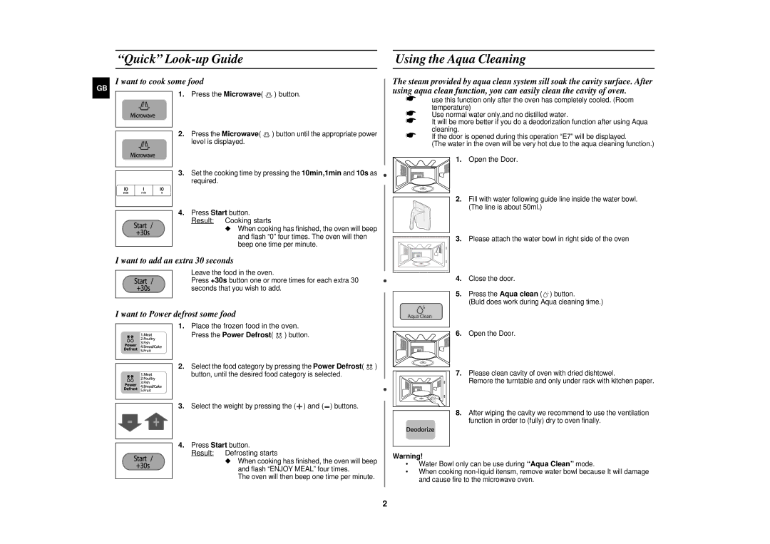 Samsung CE1160/XEU Quick Look-up Guide Using the Aqua Cleaning, Want to cook some food, Want to add an extra 30 seconds 