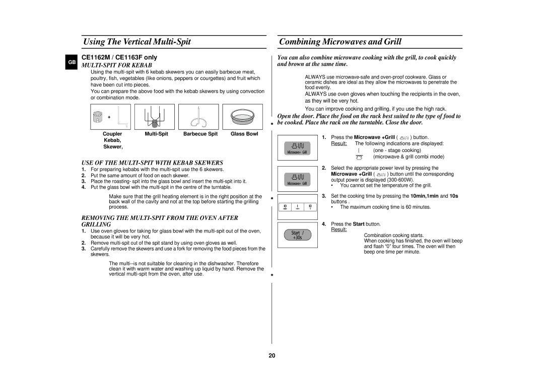Samsung CE1160/XEU manual Using The Vertical Multi-Spit, Combining Microwaves and Grill, GB MULTI-SPIT for Kebab 