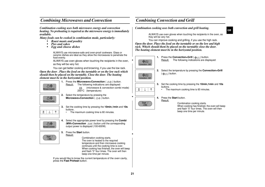 Samsung CE1160/XEU manual Combining Microwaves and Convection, Combining Convection and Grill 