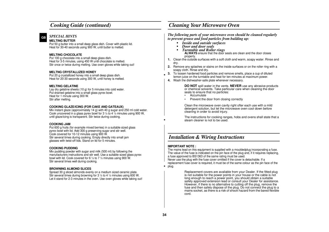 Samsung CE1160/XEU manual Cleaning Your Microwave Oven, Installation & Wiring Instructions, GB Special Hints 