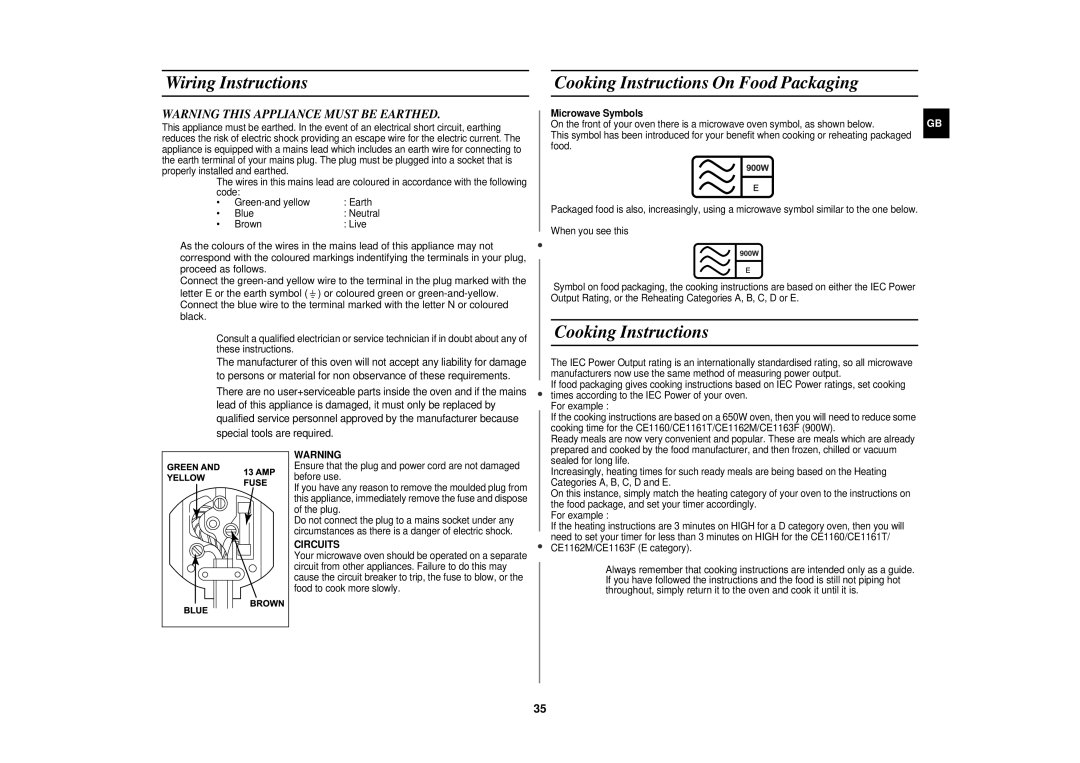 Samsung CE1160/XEU manual Wiring Instructions, Cooking Instructions On Food Packaging, Microwave Symbols 