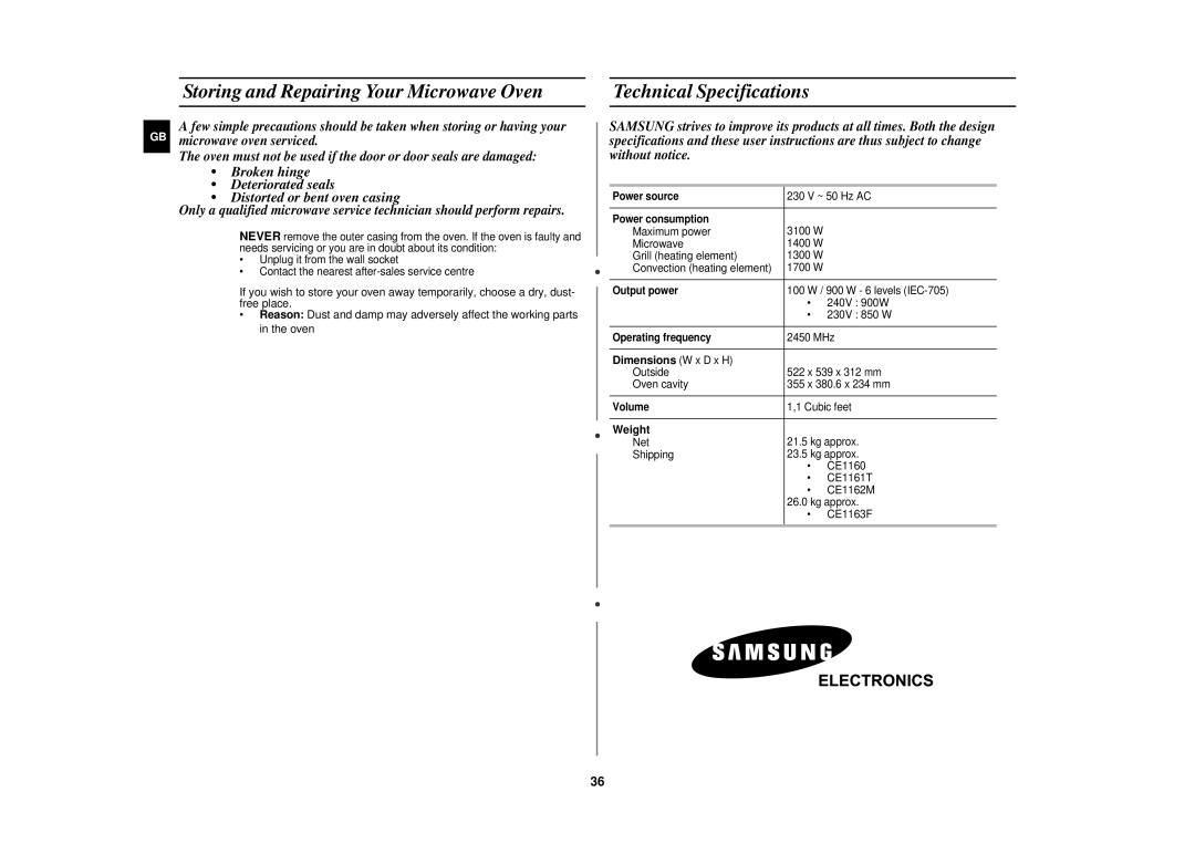 Samsung CE1160/XEU manual Dimensions W x D x H, Weight 