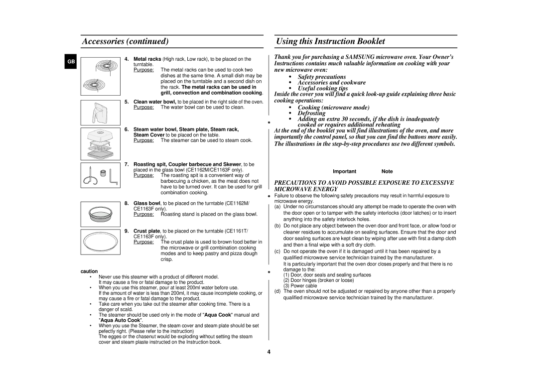 Samsung CE1160/XEU manual Using this Instruction Booklet, Purpose The water bowl can be used to clean, ImportantNote 