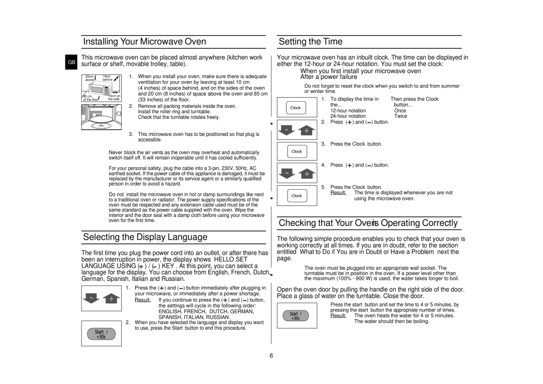 Samsung CE1160/XEU Installing Your Microwave Oven Setting the Time, Selecting the Display Language, To display the time 