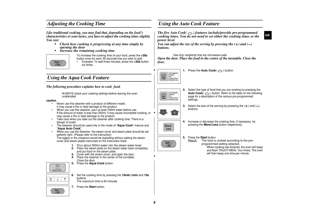 Samsung CE1160/XEU manual Adjusting the Cooking Time, Using the Aqua Cook Feature, Using the Auto Cook Feature 