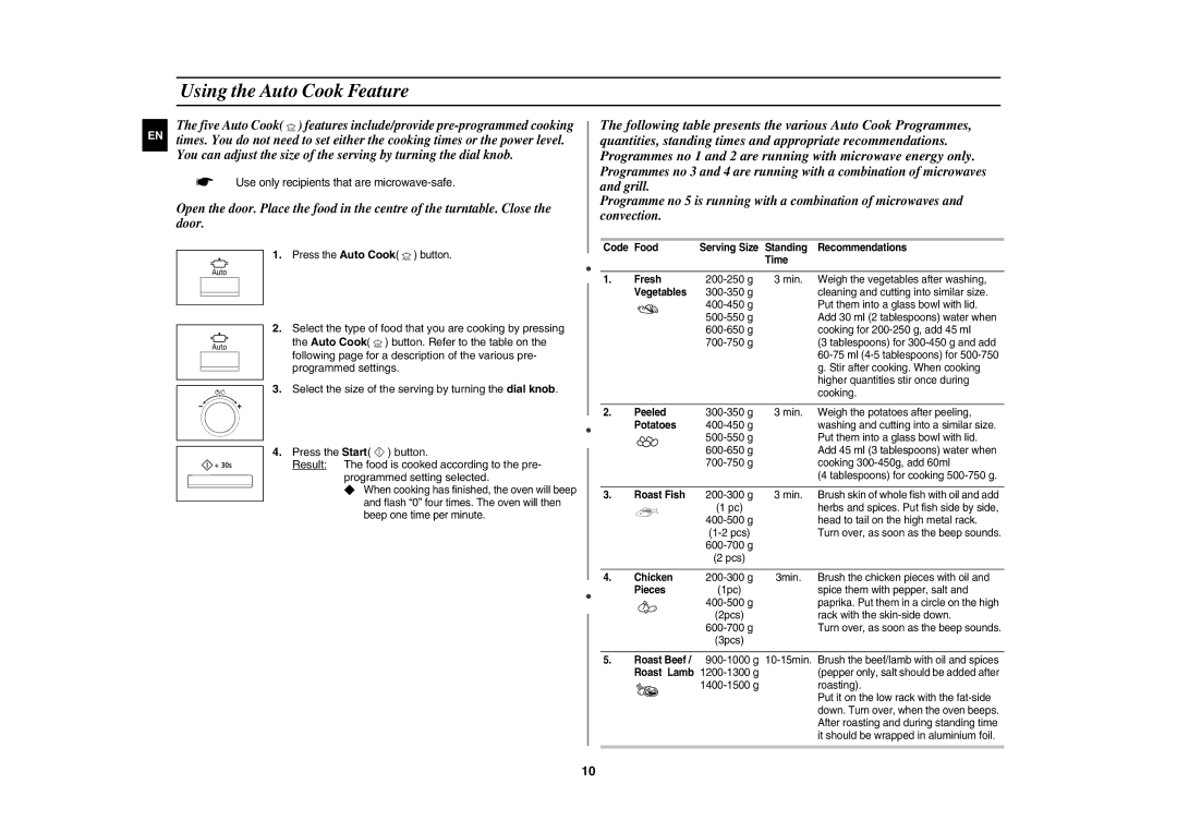 Samsung CE1175E-S/BAL manual Using the Auto Cook Feature,  Use only recipients that are microwave-safe 