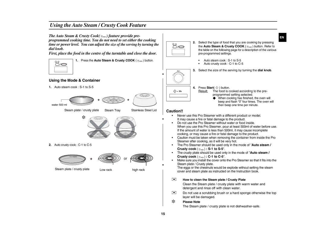 Samsung CE1175E-S/BAL Using the Auto Steam / Crusty Cook Feature, Press the Auto Steam & Crusty Cook button,  Please Note 