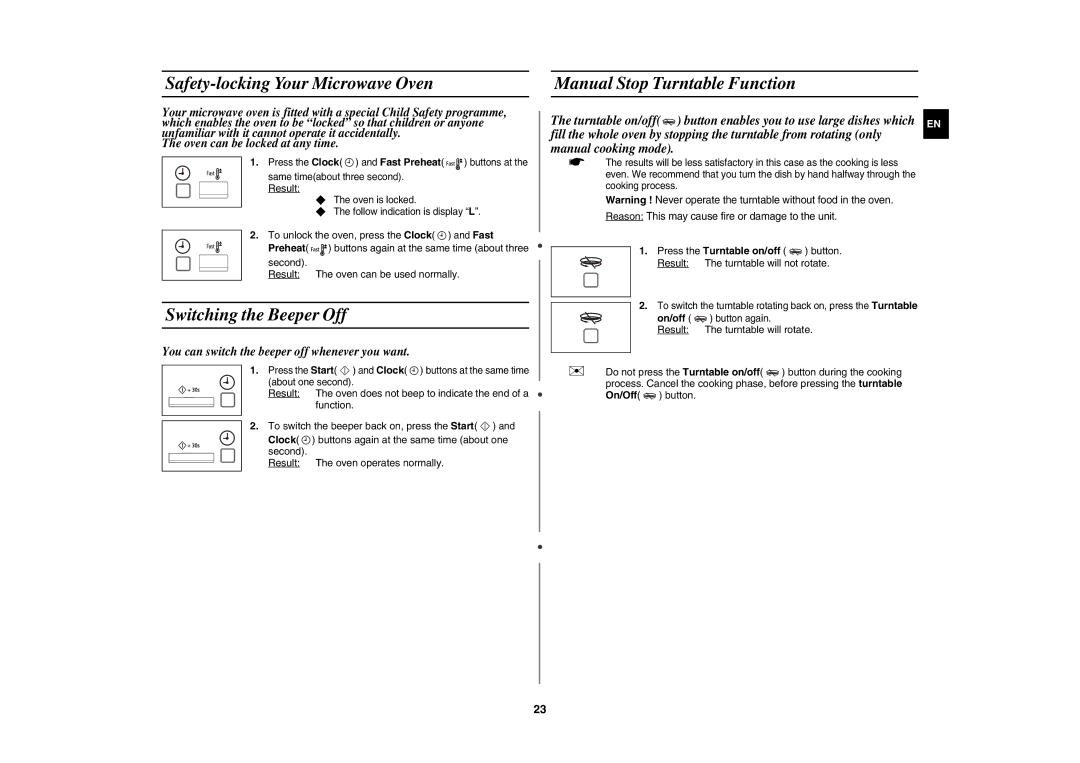 Samsung CE1175E-S/BAL manual Safety-locking Your Microwave Oven, Switching the Beeper Off, Manual Stop Turntable Function 