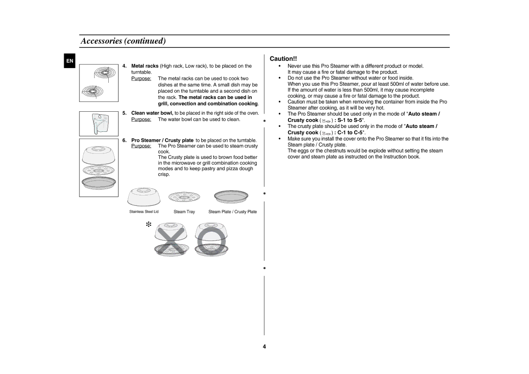 Samsung CE1175E-S/BAL manual Crusty cook S-1 to S-5, Crusty plate should be used only in the mode of Auto steam 